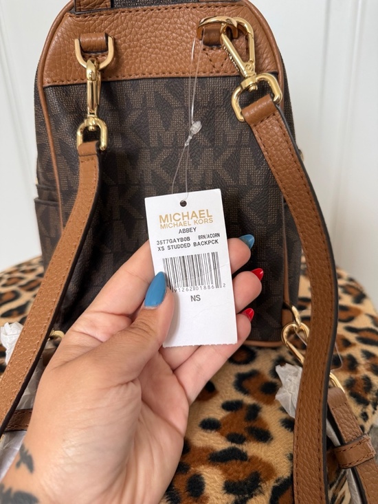 NWT Michael Kors Abbey XS Studded Backpack Brown Signature Logo Acorn